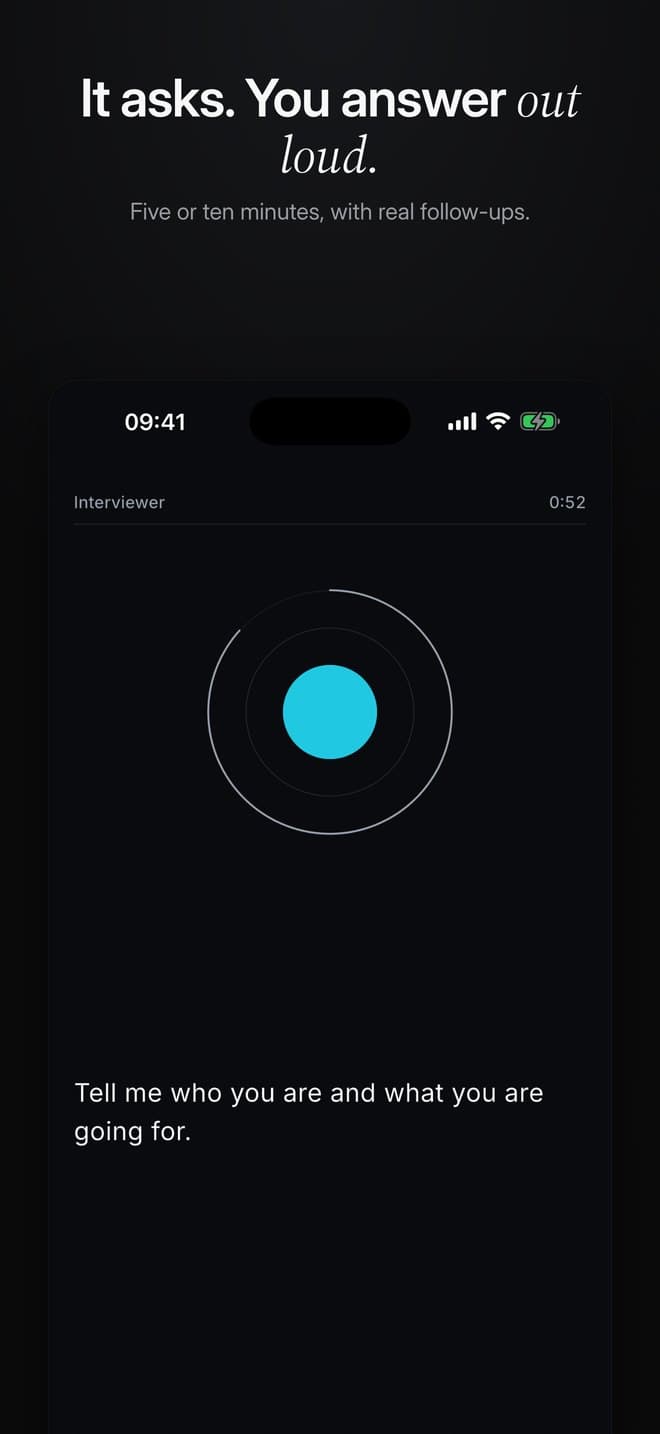 A live interview in the app: the interviewer is speaking and a countdown is running.