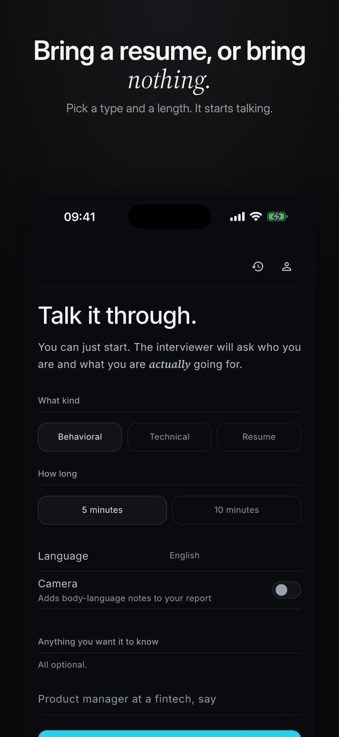Starting an interview: pick a type and a length, then start talking.